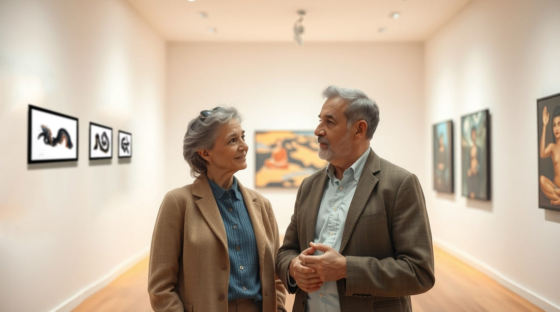 Coleccionistas de arte discutiendo sobre una exposición de arte meditativo de devaraj
