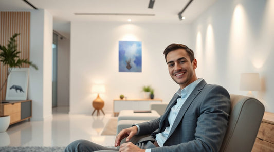 Ejecutivo contento y tranquilo en su oficina con cuadros abstractos modernos