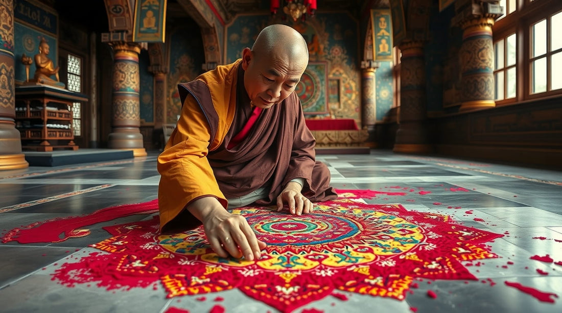Monje budista realizando un mandala con arena de colores