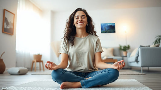 Mujer meditando en casa junto a pintura meditativa