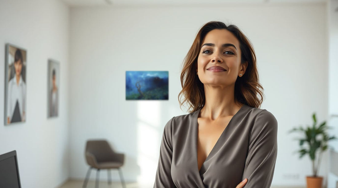 Mujer orgullosa en casa con sus cuadros de arte espiritual