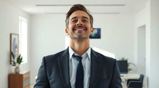 Hombre alegre y armonioso rodeado de arte meditativo en casa