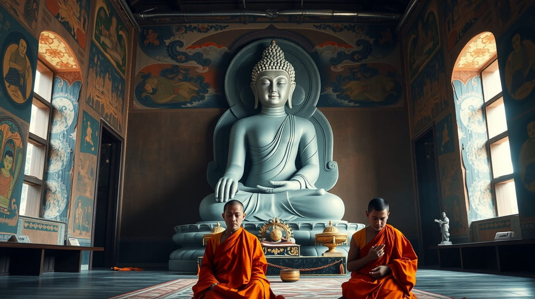 Monjes budistas meditando en un templo de budismo