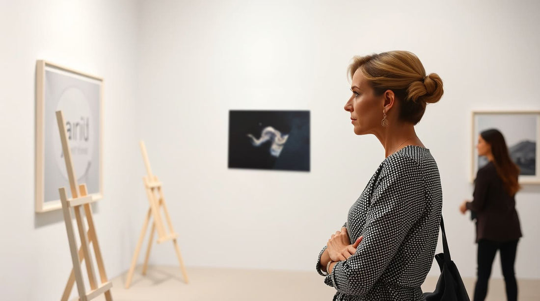 Mujer bella observando pintura de arte meditativo en galería de arte