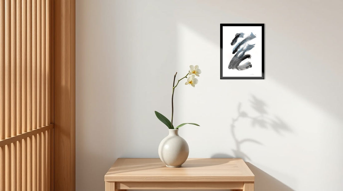 Composición Ikebana con pintura de arte meditativo de devaraj