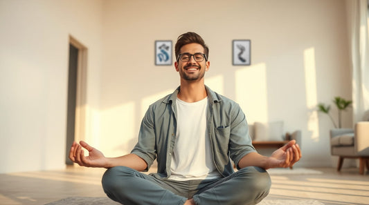 Hombre meditando en casa al lado de cuadros de arte meditativo