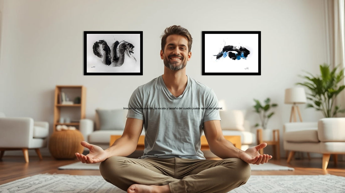 Hombre meditando en casa con pintura de arte meditativo de Devaraj