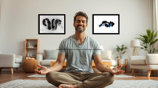 Hombre meditando en casa con pintura de arte meditativo de Devaraj