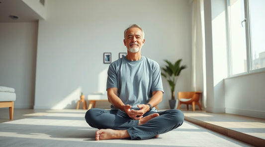 Hombre meditando en casa en un ambiente de luz y cuadros de devaraj