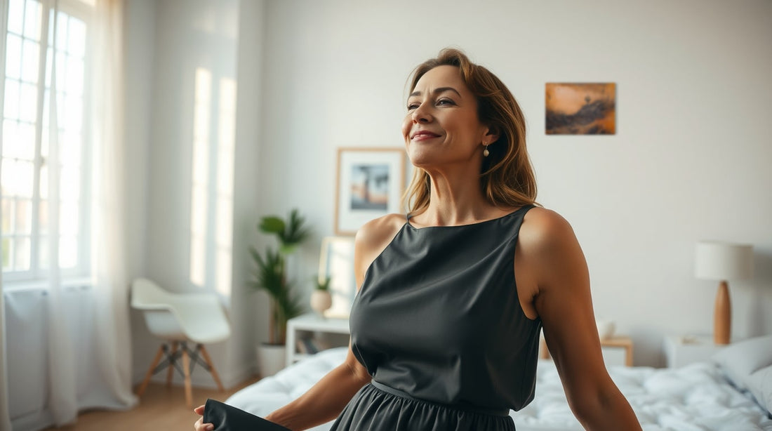 Mujer plena en la recámara de casa con pintura de devaraj