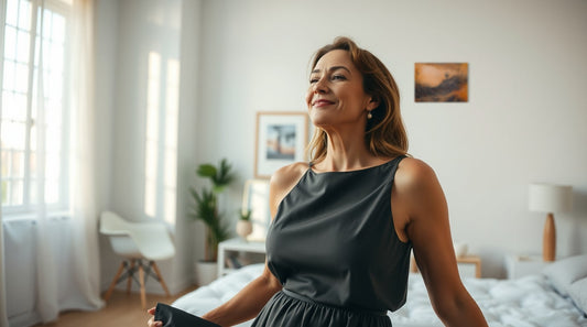 Mujer plena en la recámara de casa con pintura de devaraj
