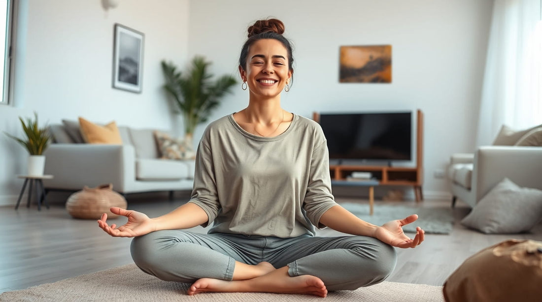 Mujer meditando en casa al lado de pinturas bastractas