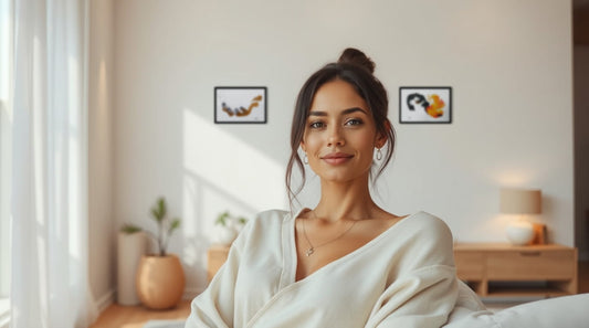 Mujer tranquila y plena en casa con pintura de arte meditativo
